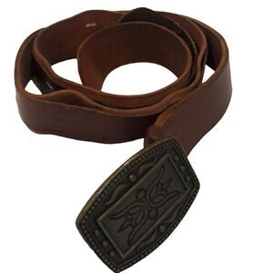 Hand tooled leather 2 layer stitched asymmetrical belt with lotus bronze buckle
